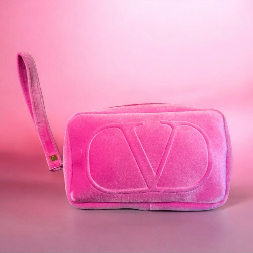 NEW Valentino Small Beauty Pink Velvet Embossed Cosmetics Pouch or Clutch